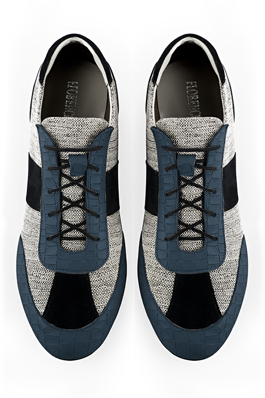 Denim blue, ash grey and matt black three-tone dress sneakers for men. Round toe. Flat rubber soles. Top view - Florence KOOIJMAN